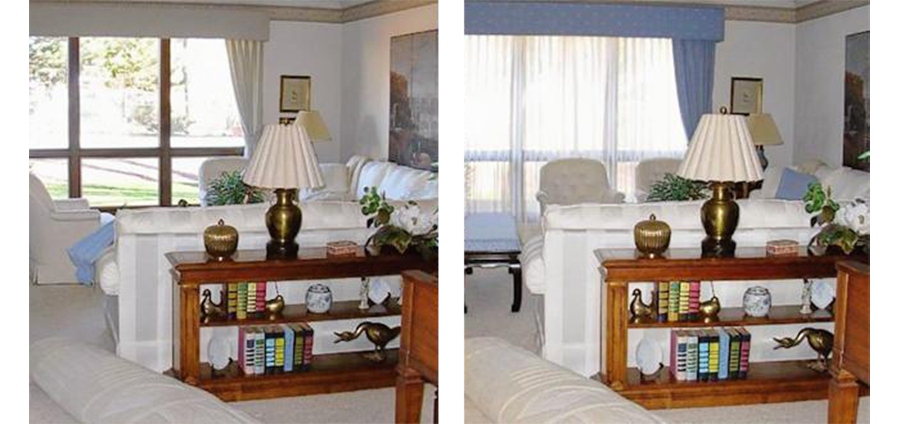 New window treatments, reupholstered bench and new sofa pillows