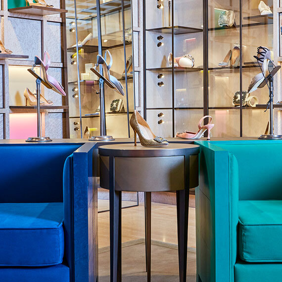 Finished shop interior, showing shoes in new display cabinets