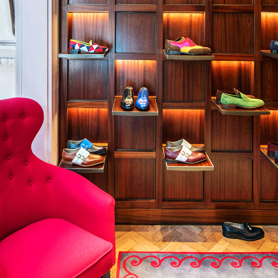 Manolo Blahnik wooden shoe display wall