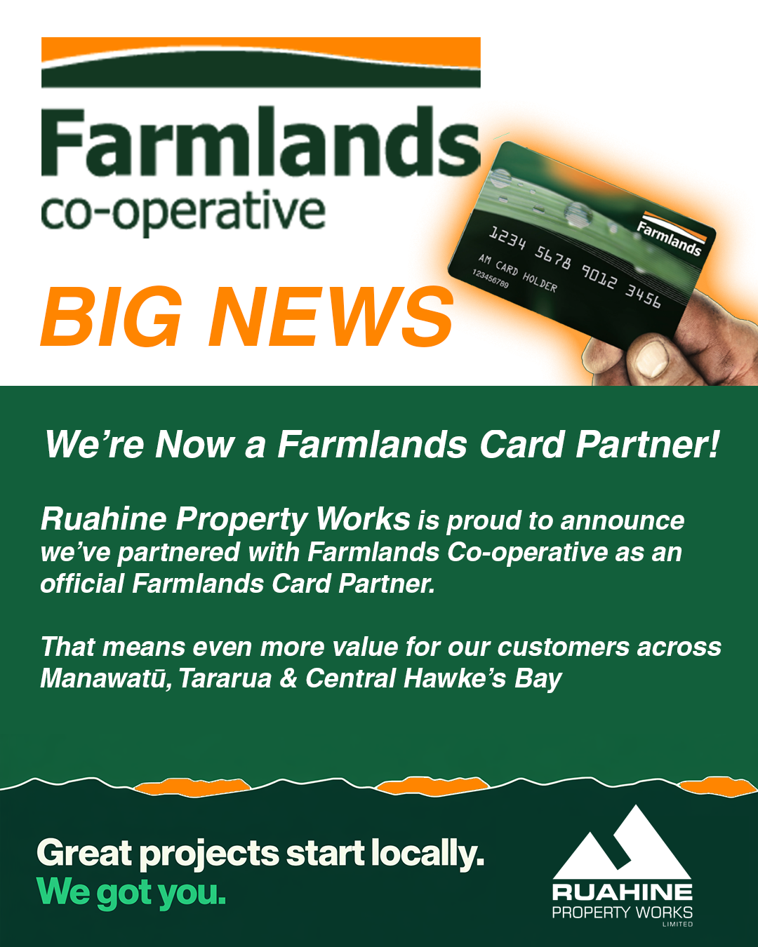 Ruahine Property Works is proud to announce we’ve partnered with Farmlands Co-operative as an official Farmlands Card Partner.