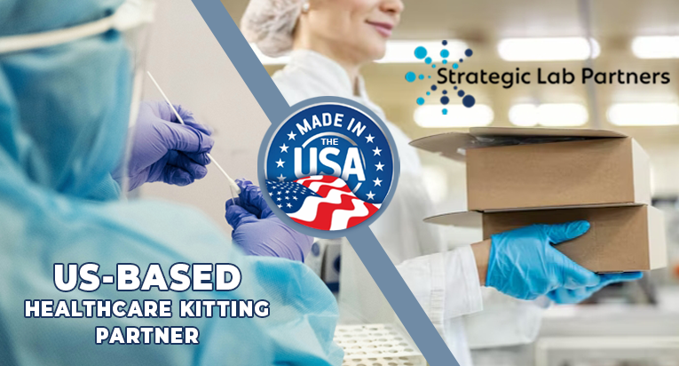 Strategic Lab Partners graphic identifying SLP as a US‑based healthcare kitting partner with centralized production, integrated kit fulfillment, and rapid national distribution.