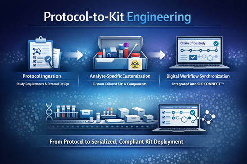 Protocol‑to‑Kit Engineering: From Study Design to Serialized Kit Deployment Infographic illustrating SLP’s Protocol‑to‑Kit Engineering workflow: protocol ingestion, analyte‑specific customization, and digital synchronization into SLP CONNECT™. Shows how study requirements are converted into serialized, compliant kits with full chain‑of‑custody tracking.