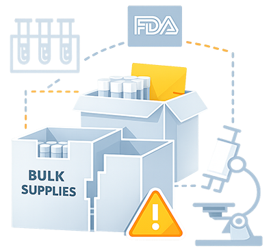 vector icon showing open boxes labeled “Bulk Supplies,” connected by dashed lines to an FDA symbol, microscope, and warning triangle, representing procurement risks and supply‑chain inconsistencies in clinical operations.