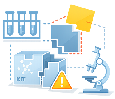 vector icon showing three misaligned modular components connected by dashed lines with a subtle warning triangle accent, symbolizing fragmented workflows and operational breakdowns in healthcare and laboratory processes.