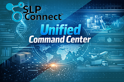SLP CONNECT Unified Command Center interface showing DNA helix, lab equipment, global logistics icons, and real-time data dashboards—representing decentralized healthcare orchestration.