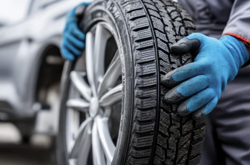 A technician in work gloves carrying a winter tyre
