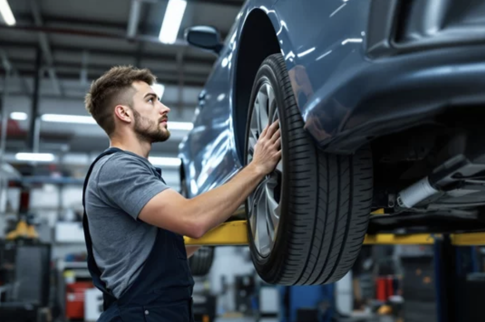 A technician checking a tyre on a lifted car