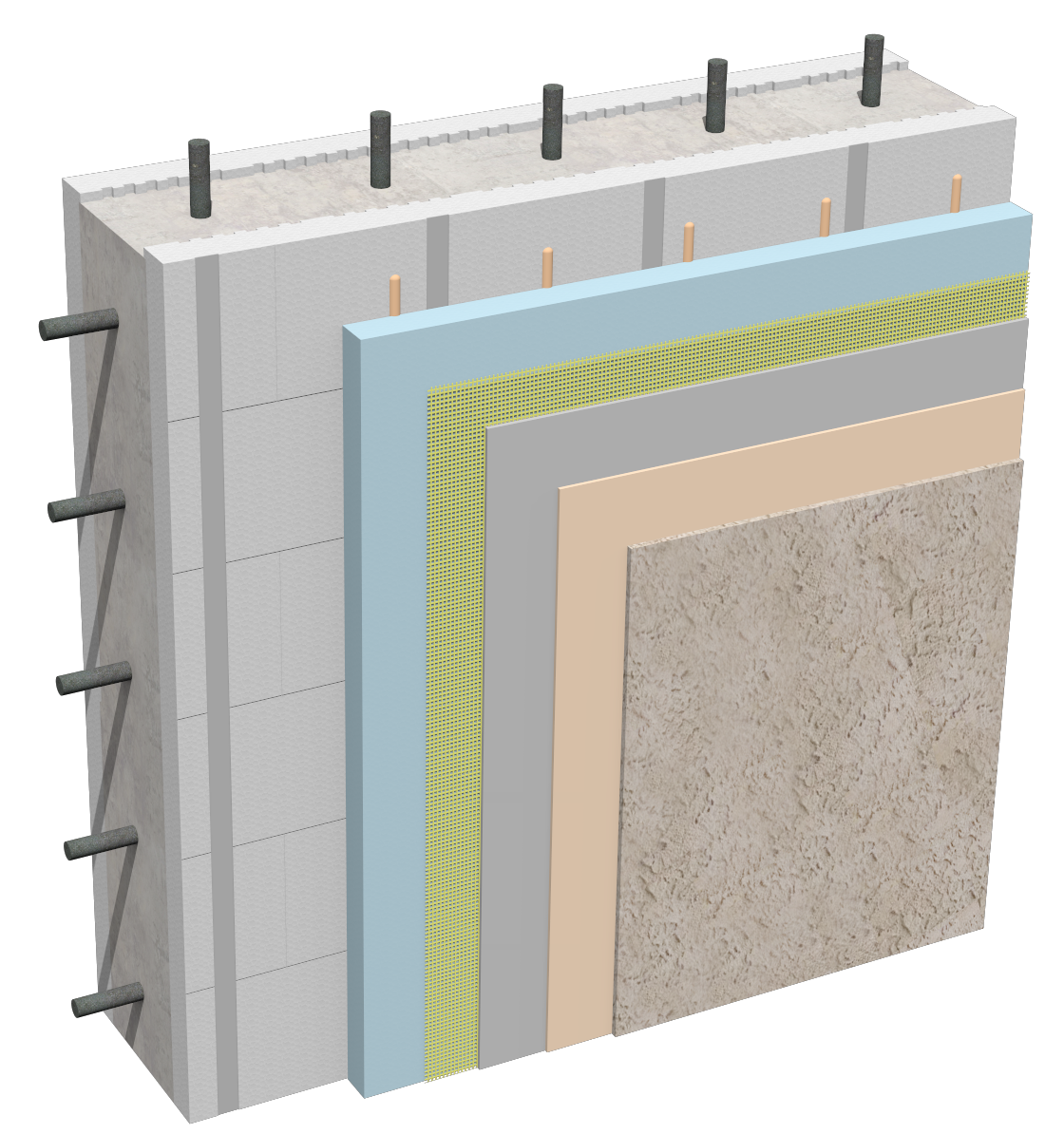 Cut-away diagram of a stucco wall build-up