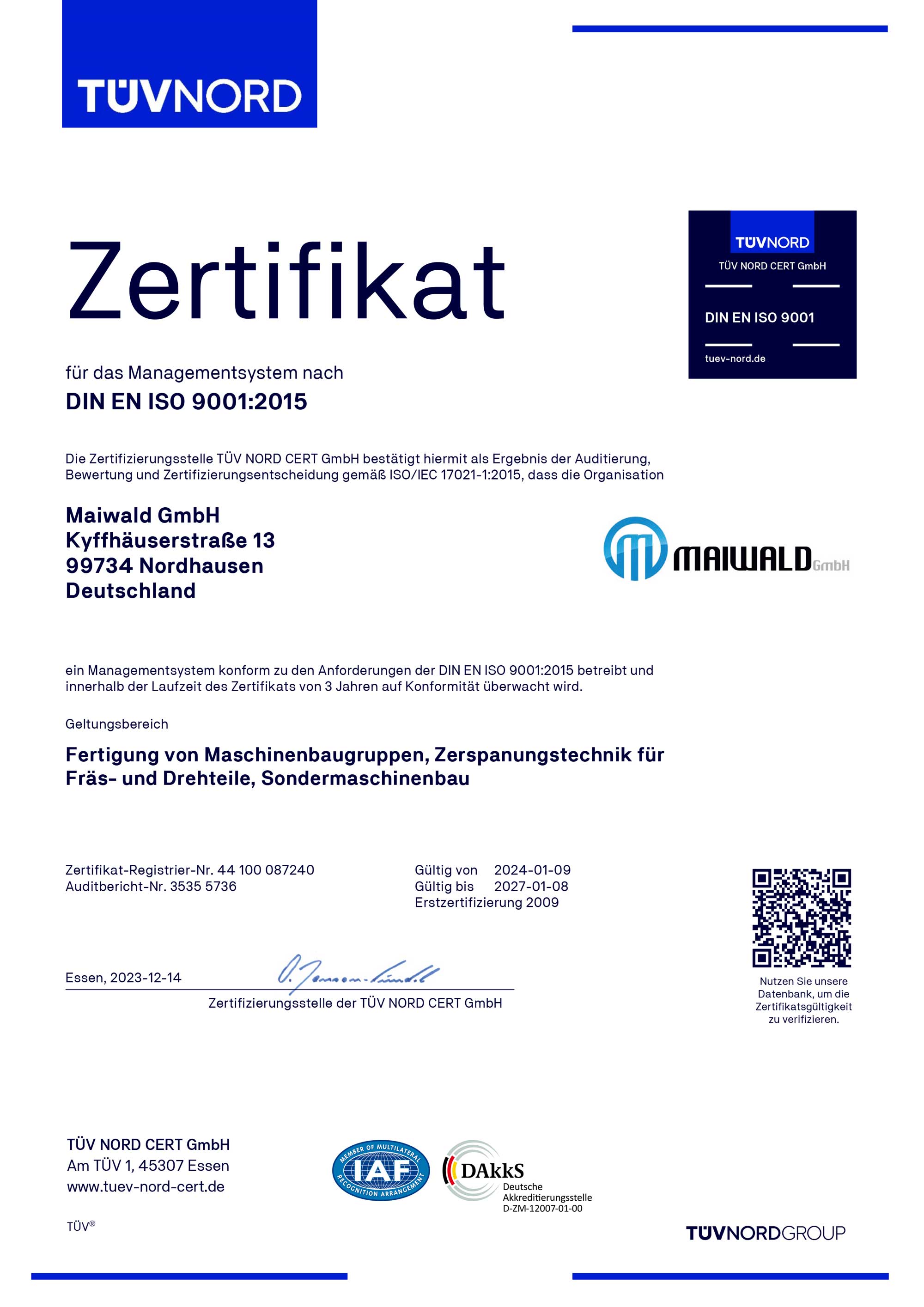 Zertifikat DIN EN ISO 9001:2015 – TÜV NORD