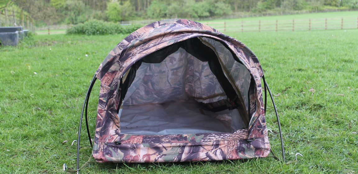 Front view of Sniperhide showing rifle aperture panel fully unzipped. This allows the shooter to enter the hide feet first and then zip up and set up the rifle.