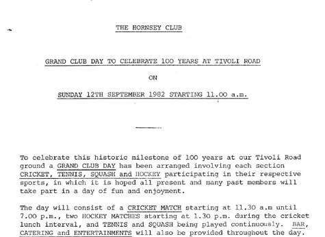 1982 Hornsey Club Centenary Grand Club Day 12.9.82