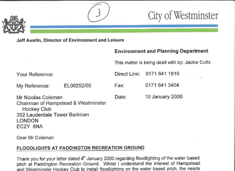 2000 Floodlighting Letter 10.1.00