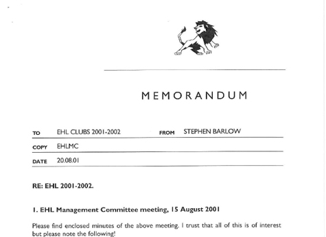 2001 EHL Pre Season Notice 20.8.01