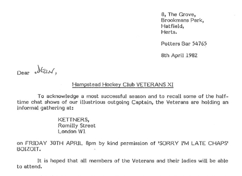1982 Vets Notice of Celebration Dinner 8.4.82