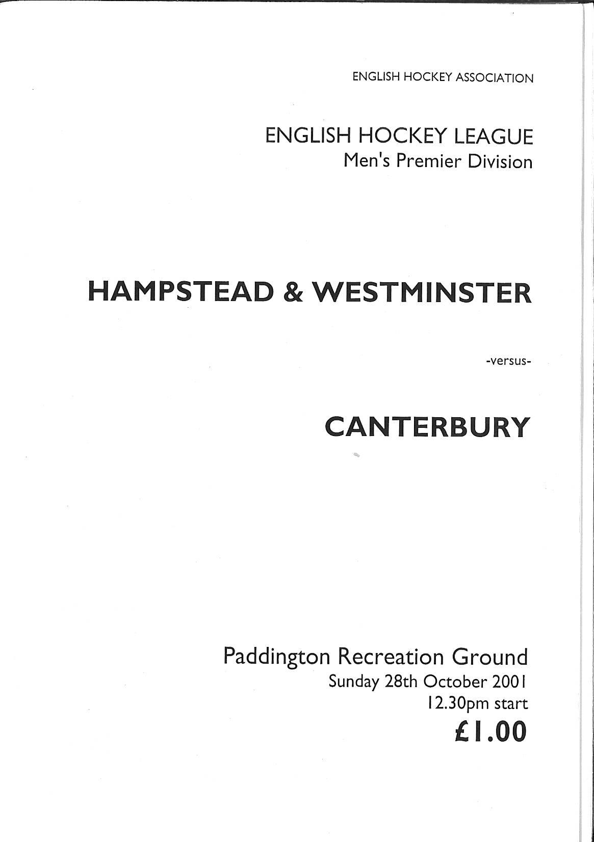 2001 Programme Canterbury 28.10.01