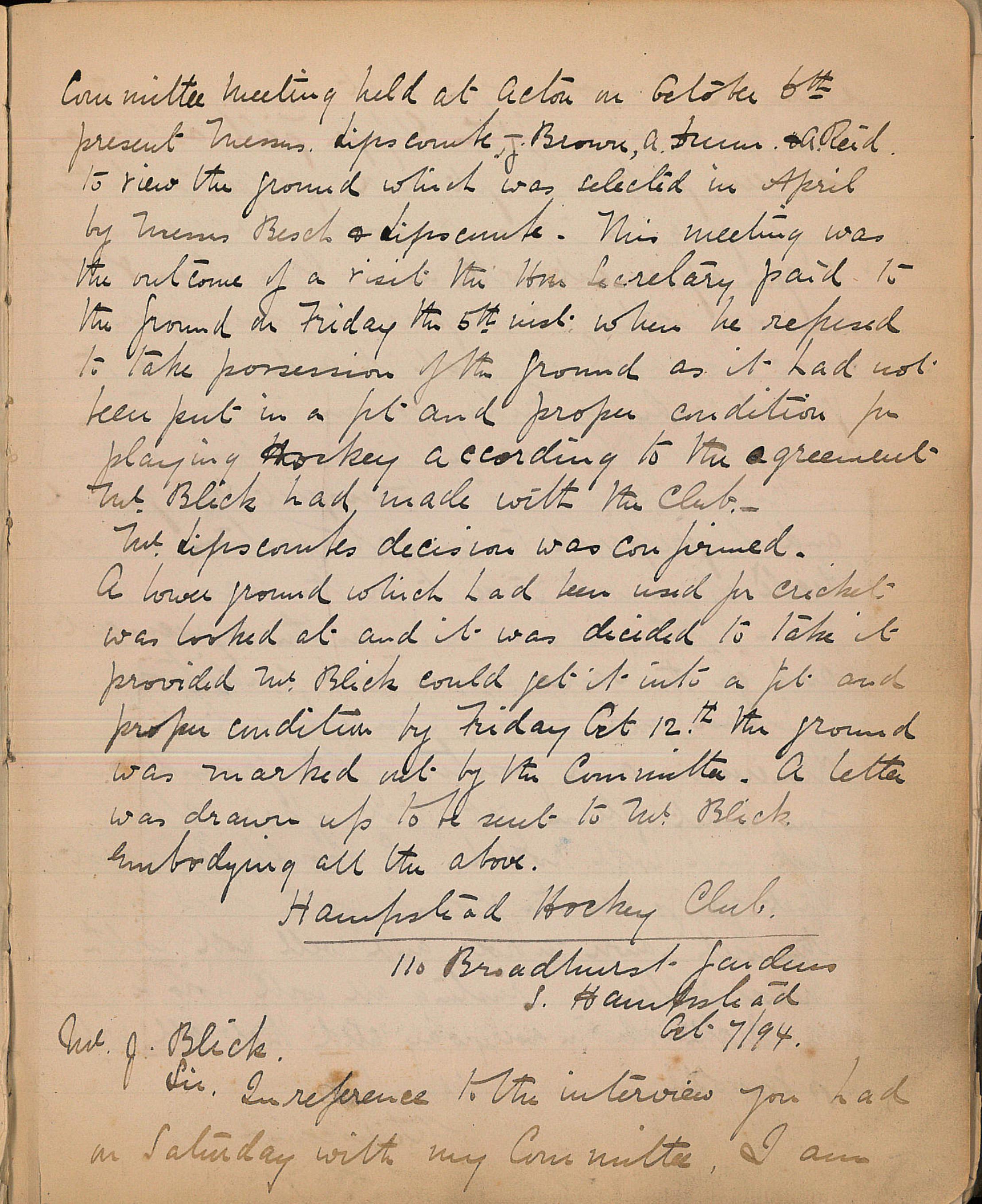 1894 Letter to Mr Blick 6.10.94