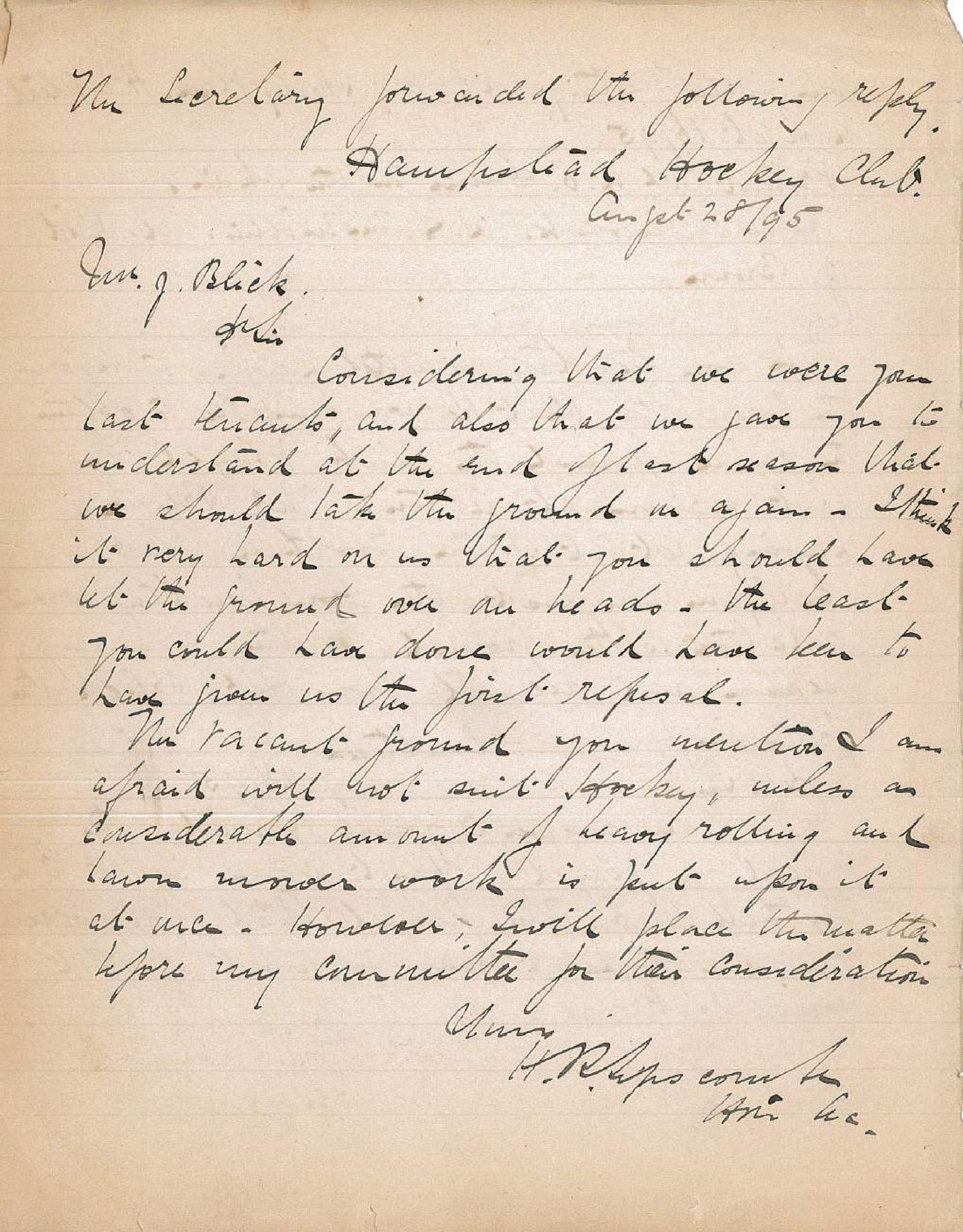 1895 Letter to Mr Blick