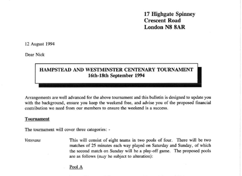 1994 Centenary Tournament Arrangements