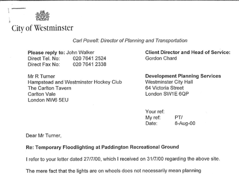 2000 Floodlighting Letter 6.8.00