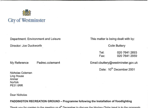 2001 Floodlighting Letter 10.12.01