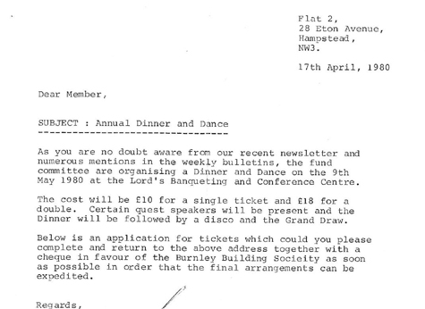 1980 Invitation to Fund Raising Dinner 17.04.80