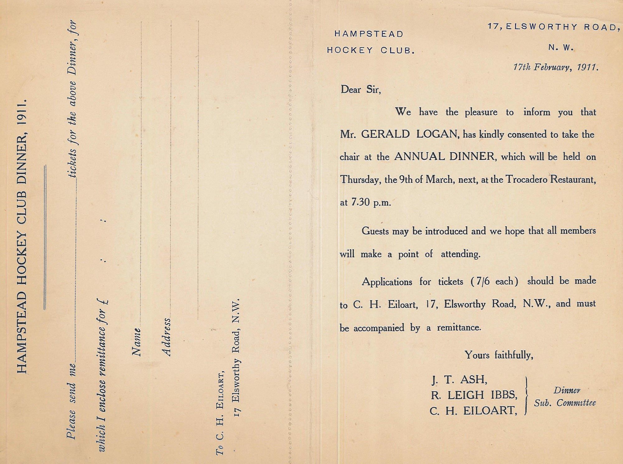1911 Notice of Annual Dinner