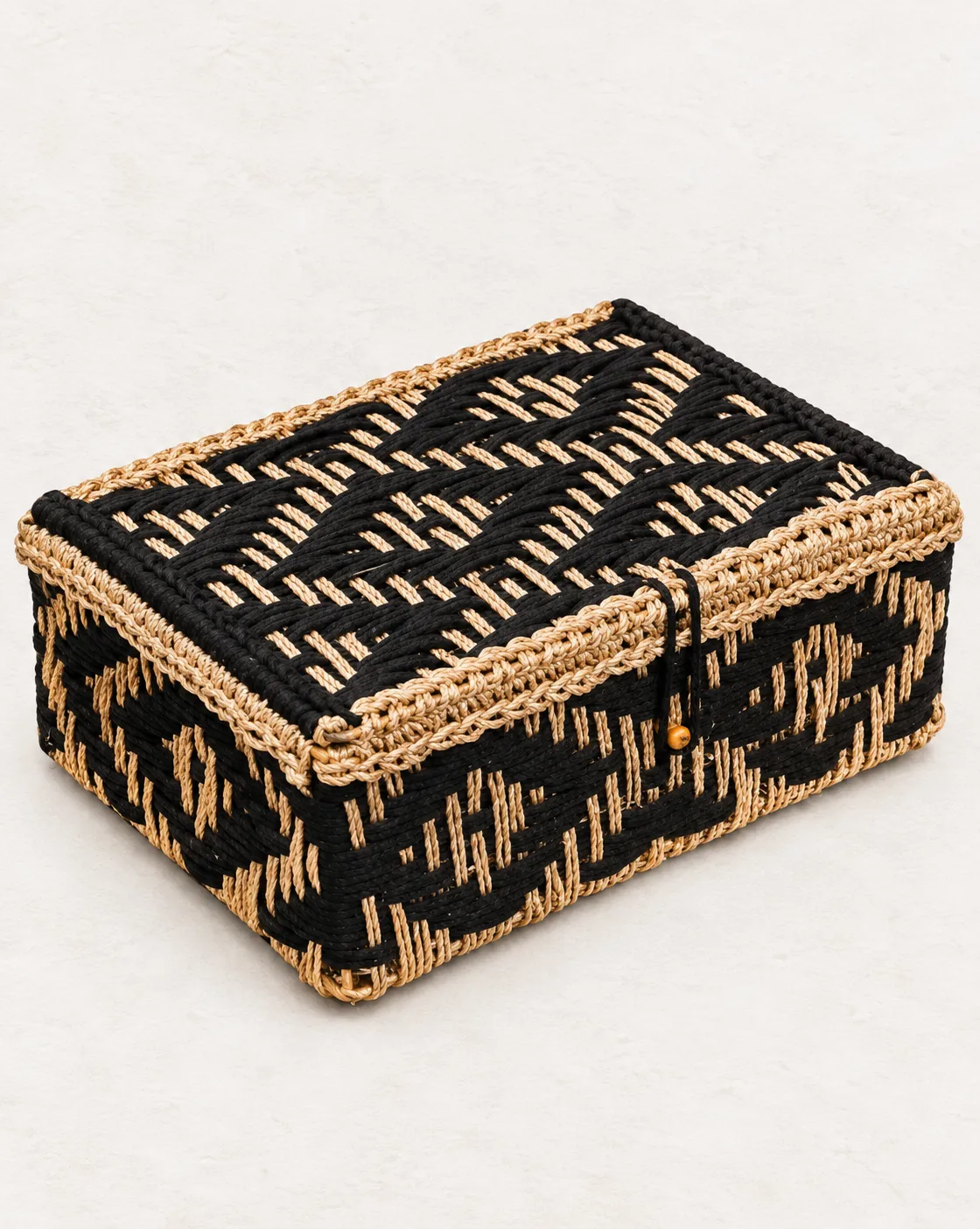 Woven Fiber Storage Box with Black and Beige Pattern