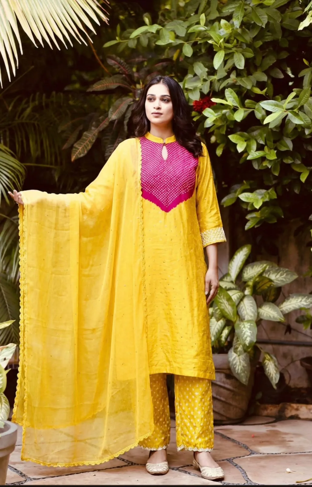 Yellow Cotton Kurta Set with Pink Embroidered Yoke
