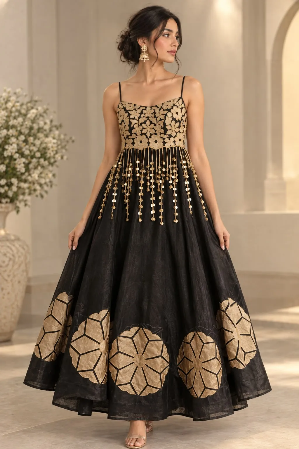 Black skirt top with Golden Floral applique Embroidery