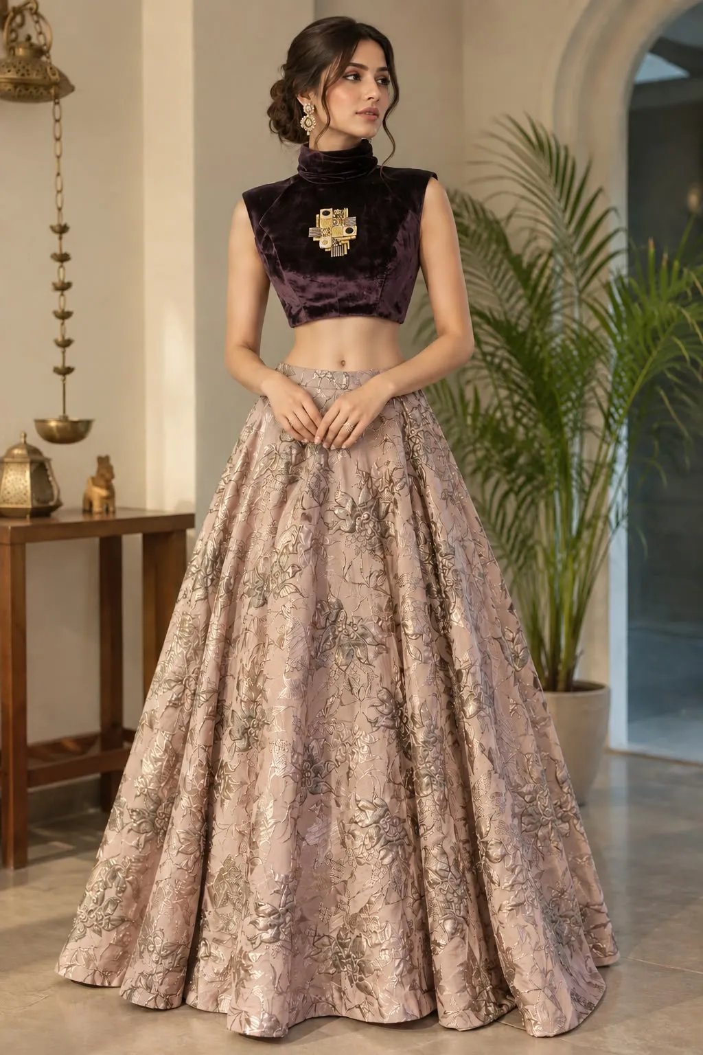 Velvet Crop Top and Floral Embroidered Lehenga