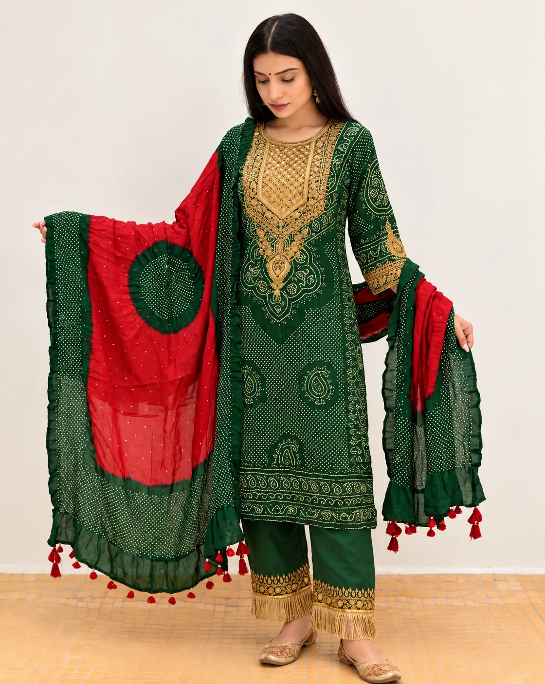 Green Bandhani Kurta Set with Red Dupatta