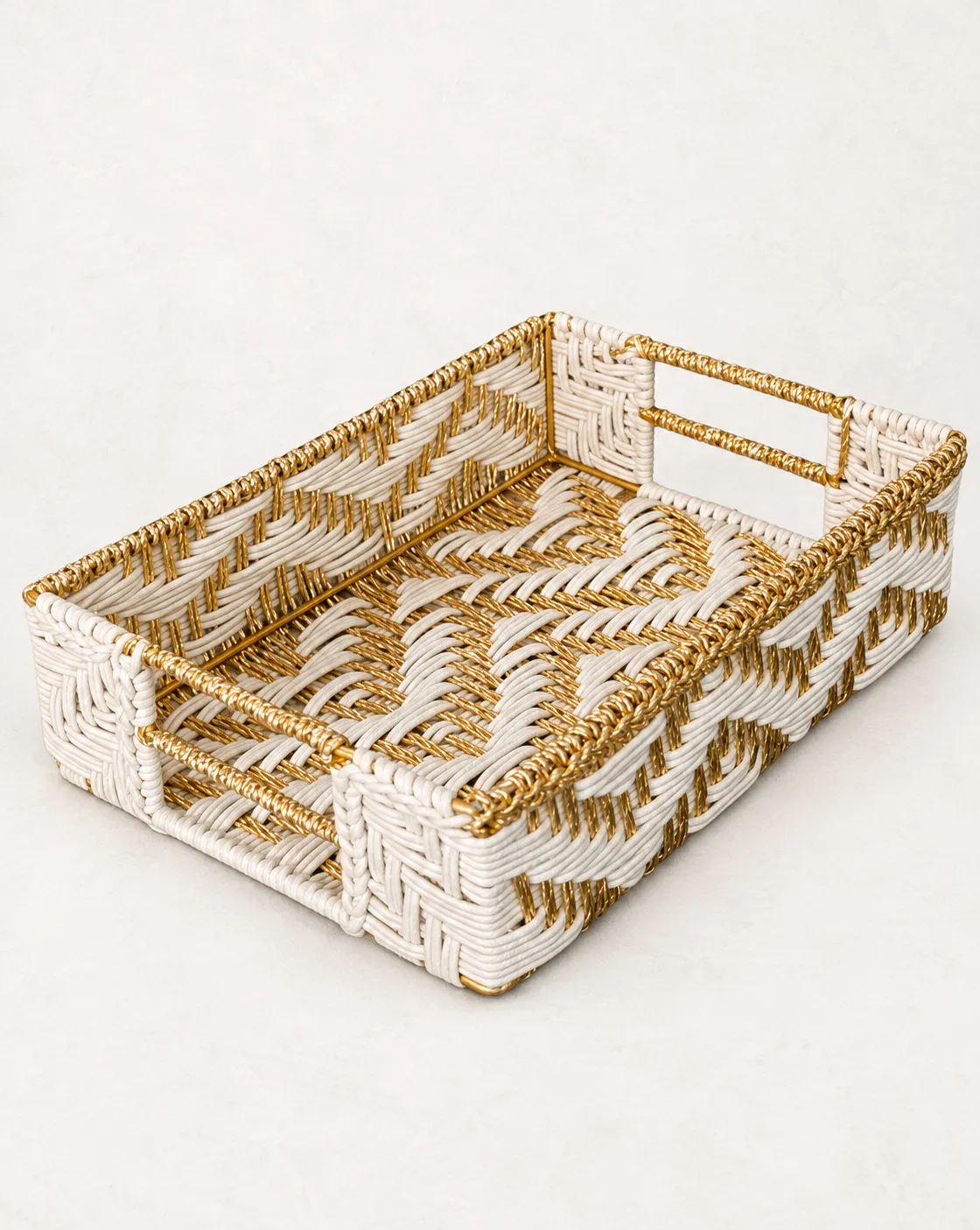 Rectangular Woven Rattan Basket with Metallic Accents