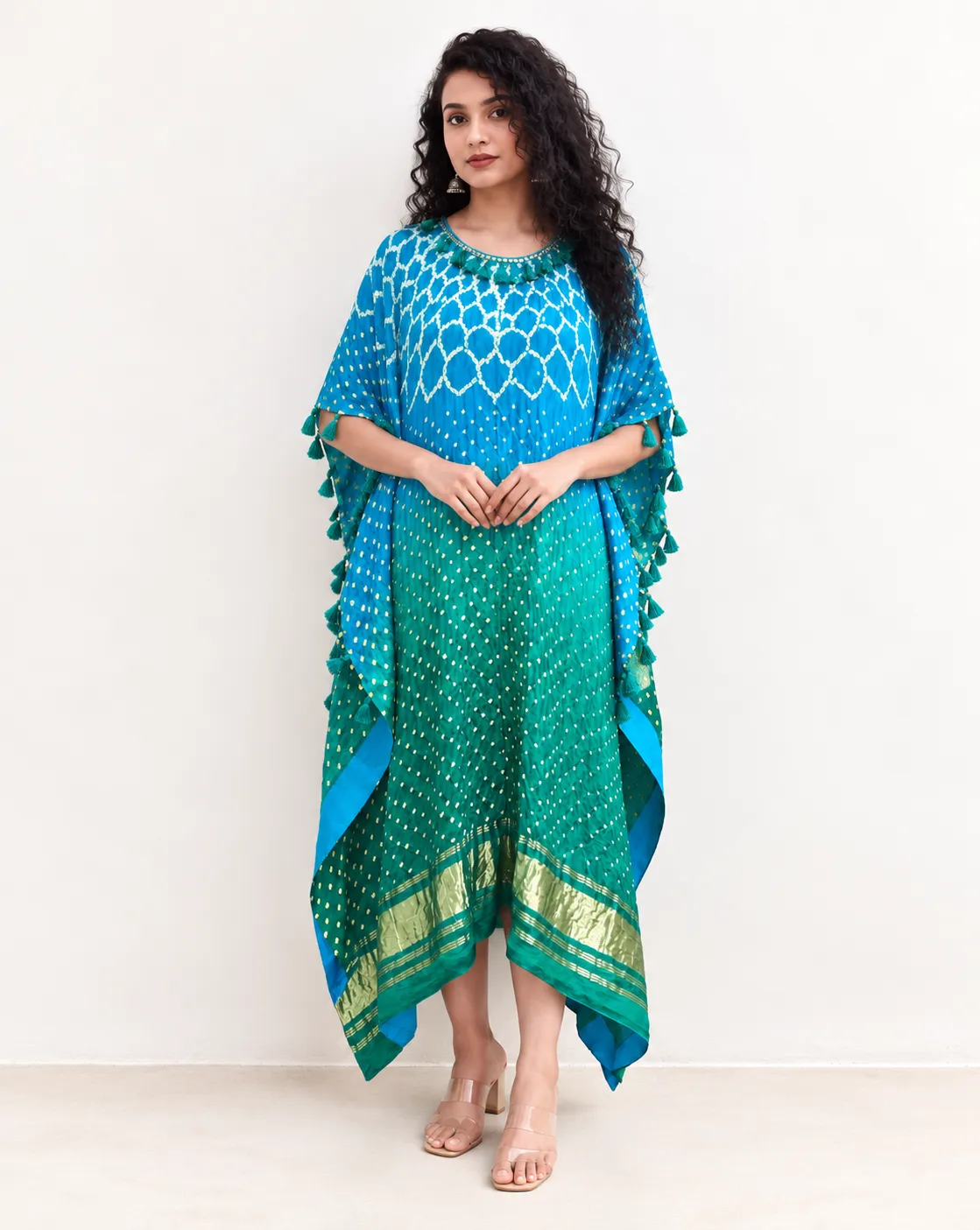 Blue and Green Bandhani Kaftan Dress