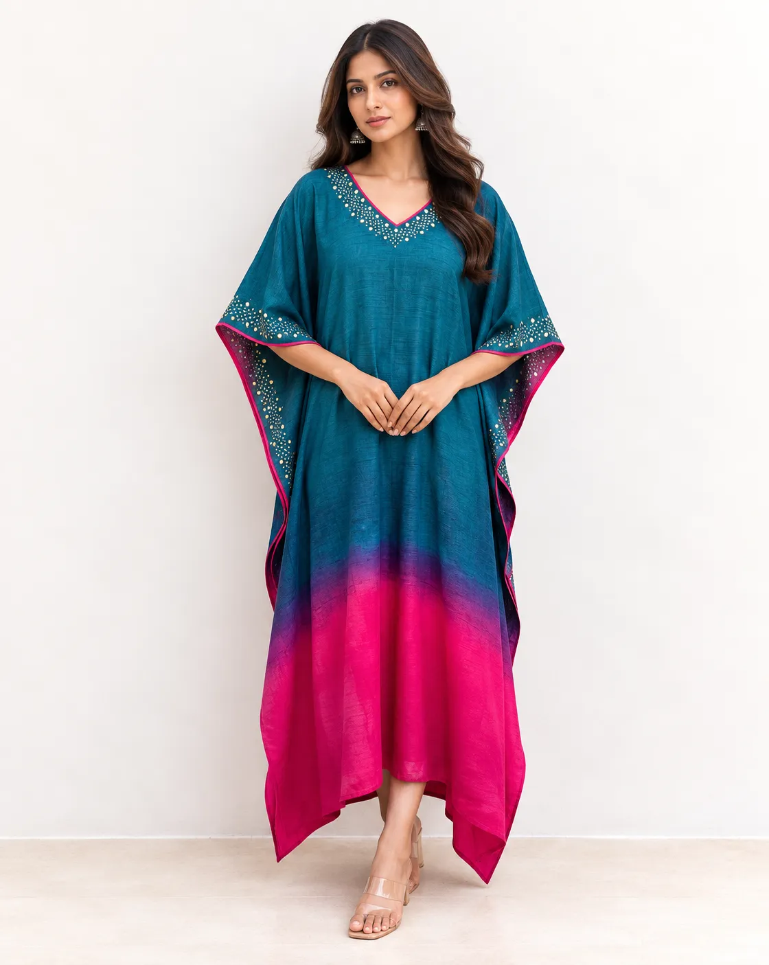 Teal and Pink Ombre Kaftan Dress with Mirror Work