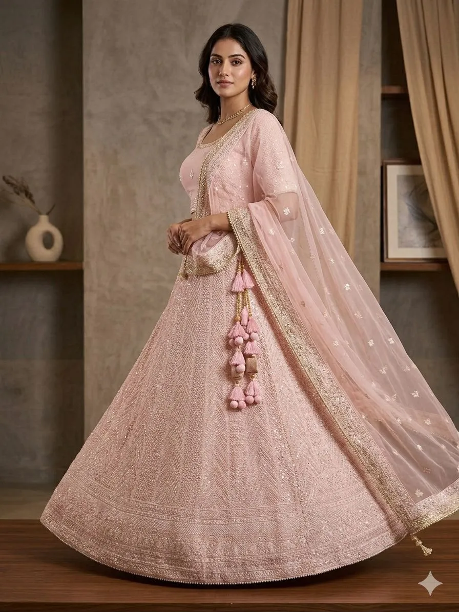 Blush Pink Embroidered Lehenga with Dupatta