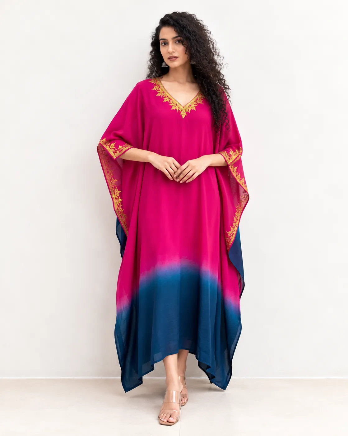 Pink and Blue Kaftan with Golden Embroidery