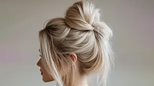 Chignon haut décoiffé romantique pour mariage avec mèches encadrant le visage.