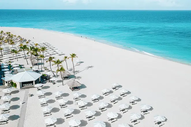 Sable blanc et mer turquoise à la plage de Bucuti & Tara, Aruba