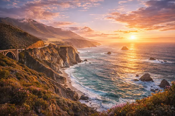 Vue panoramique sur les falaises de Big Sur en Californie avec l'océan Pacifique au coucher du soleil, destination rêvée pour une lune de miel de luxe