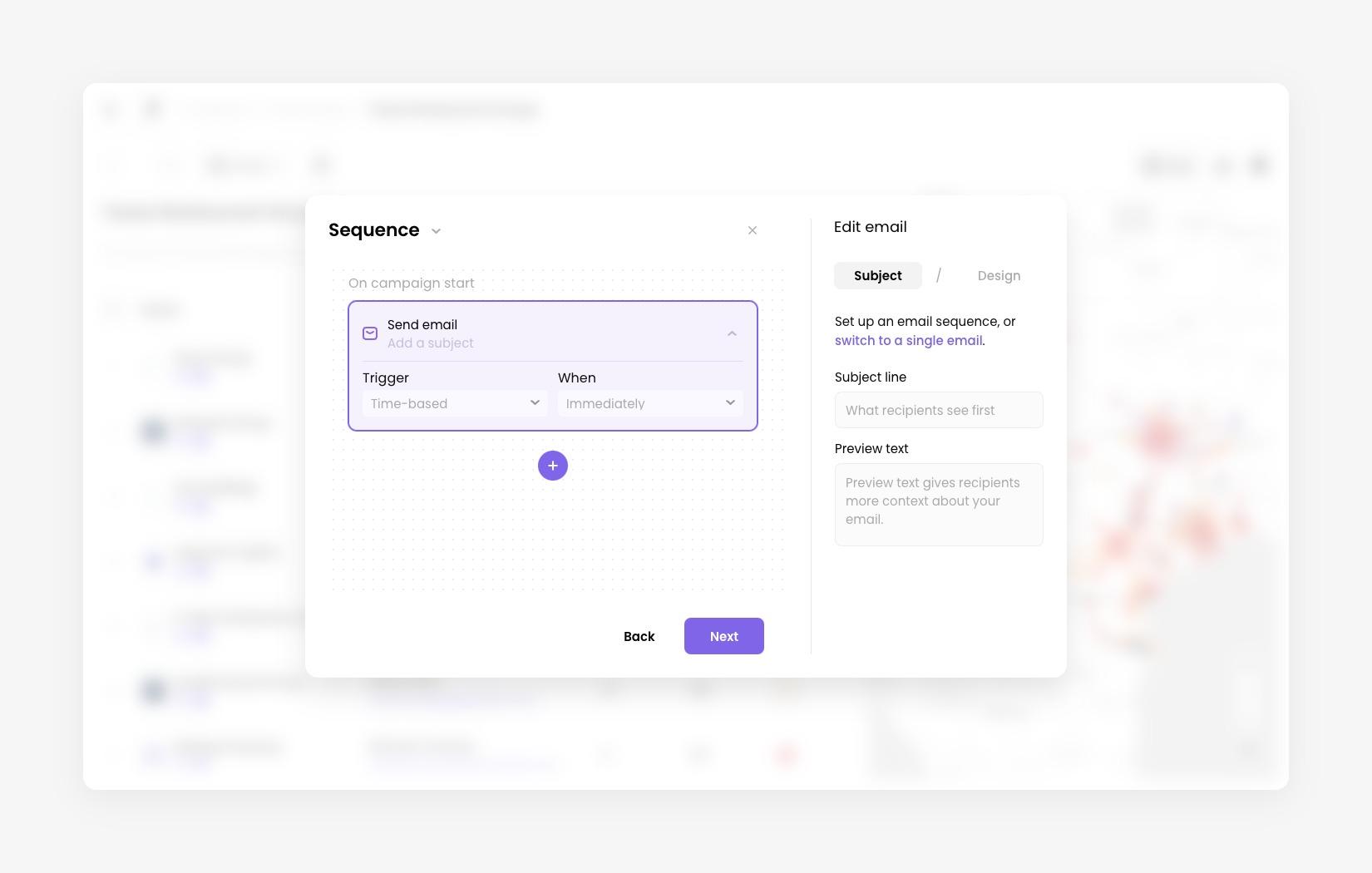 Sequence stage, with the first email on the left and the Edit email panel on the right