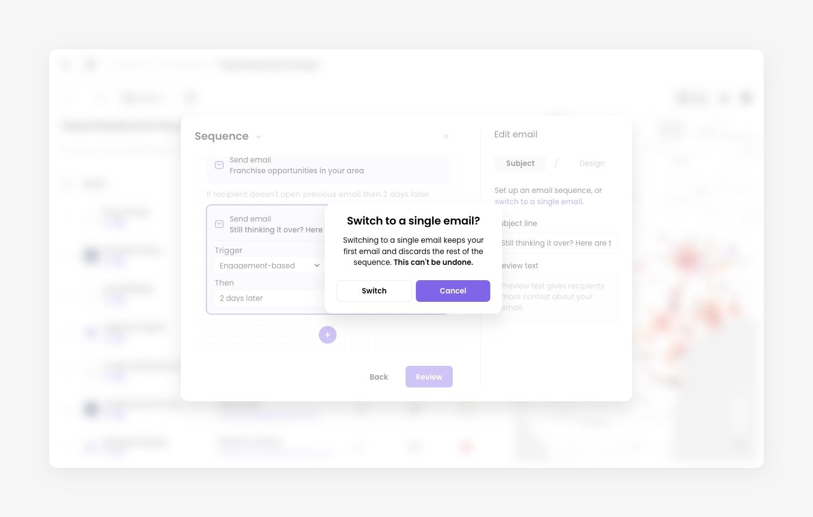 Confirmation dialog: Switch to a single email? Switching keeps your first email and discards the rest of the sequence