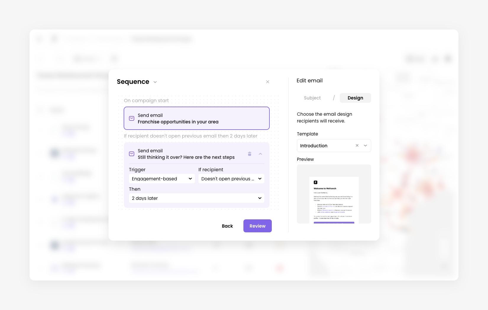 Design tab of the Edit email panel, with the Introduction template and its preview