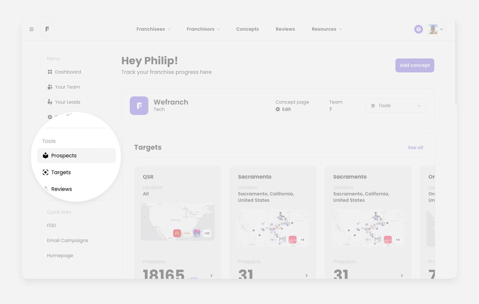 Dashboard page focused on main menu sidebar