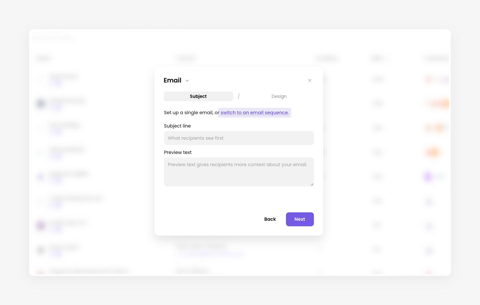 Subject step of the Email stage, with the switch to an email sequence link highlighted