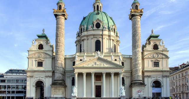 Stunning view of St. Charles Church, a Baroque architectural masterpiece in Vienna, Austria.