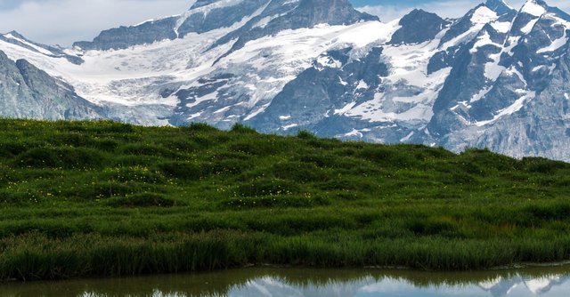 Breathtaking view of snowy mountains reflecting in a tranquil lake in Grindelwald, Switzerland.