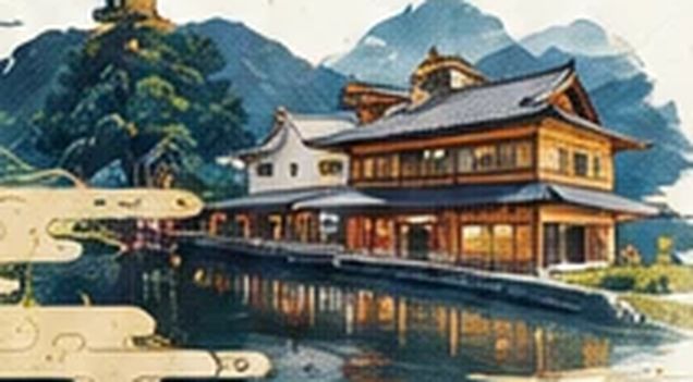 湖畔に建つ日本旅館の浮世絵風イラスト