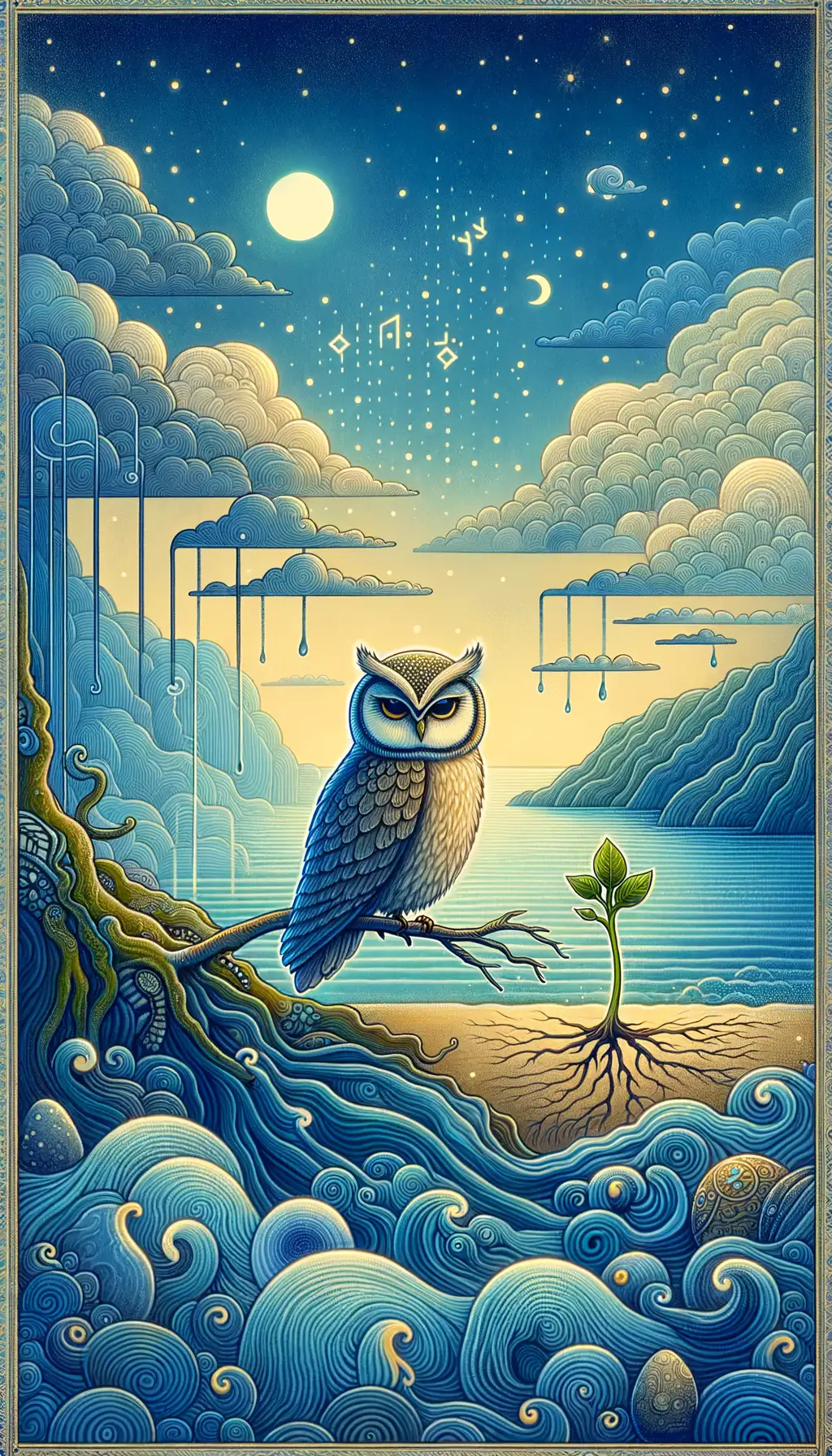 Owl of Reflection: A Sprout's Whisper in Azure Tranquility