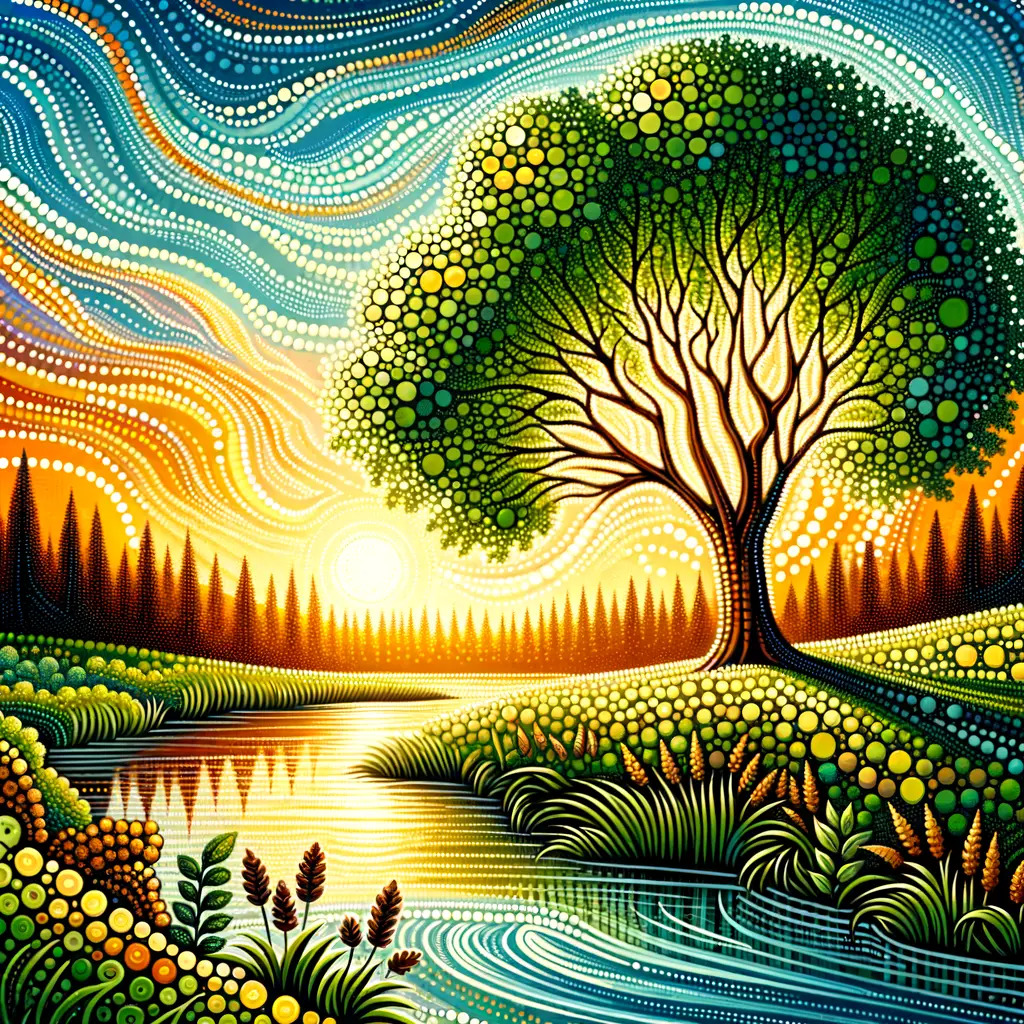 Whispers of Rebirth: Sunset Symphony in Dot Painting