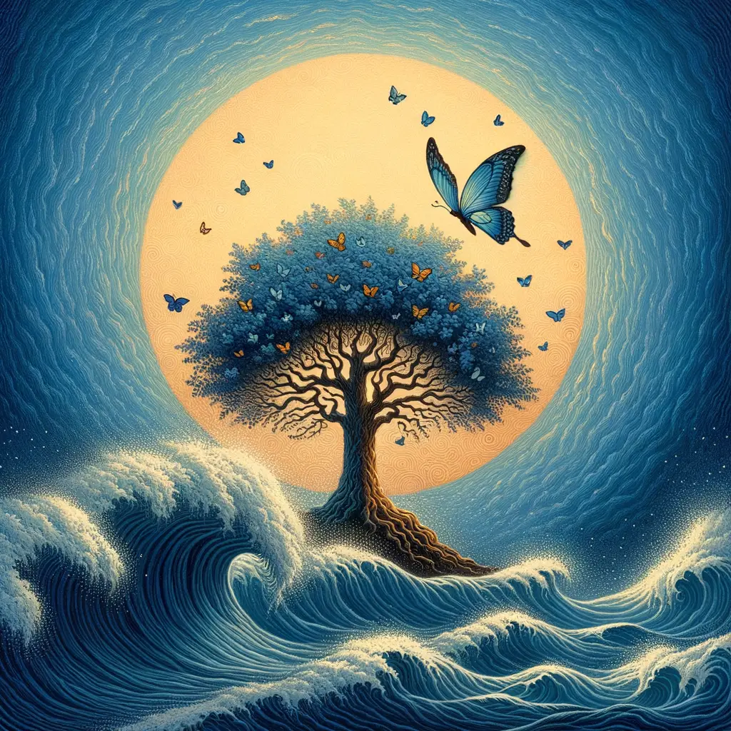Whispers of Resilience: Ocean's Embrace, Butterfly's Dance, Tree's Reach